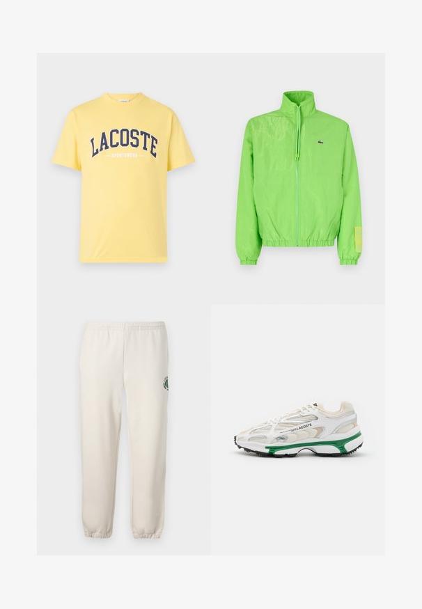 Grøn vindjakke med høj krave, lynlåslukning foran, elastiske manchetter og nederste kant. Har et lille logo og en labeldetalje på ærmet.; Gul bomulds T-shirt med navy blå "LACOSTE" logo og "SPORTSWEAR" tekst nedenfor. Enkel design med rund hals og korte ærmer.; Lys beige sweatpants lavet af bomuld, med elastisk talje, ribbede mansjetter og et grønt logo med bladdesign på venstre ben.; Hvide sneakers med grønne accenter og sort gummisål. Har mesh- og syntetiske paneler med en struktureret overflade og synlige sømme.