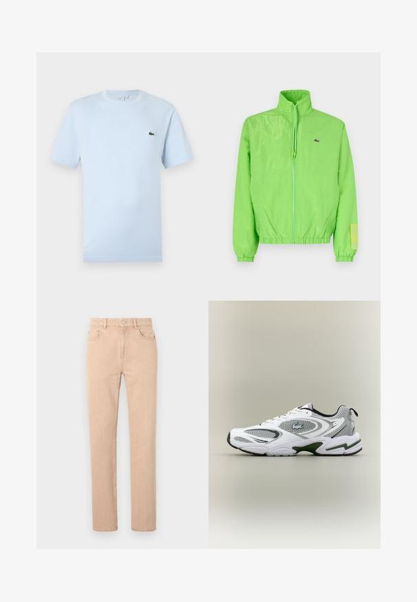 Chaqueta cortavientos verde con cuello alto, cierre frontal de cremallera, puños elásticos y dobladillo. Presenta un pequeño logo y un acento de etiqueta en la manga.; Camiseta de manga corta azul claro hecha de un suave material de algodón. Presenta un pequeño logo bordado de cocodrilo verde en el pecho.; Jeans rectos beige confeccionados en tejido de mezcla de algodón, con cremallera, trabillas para el cinturón y bolsillos frontales y traseros. Textura suave.; Zapatilla deportiva de running en blanco y gris, con paneles de malla, acentos verdes, detalles en negro y un logo en el costado, vista desde el lado exterior.