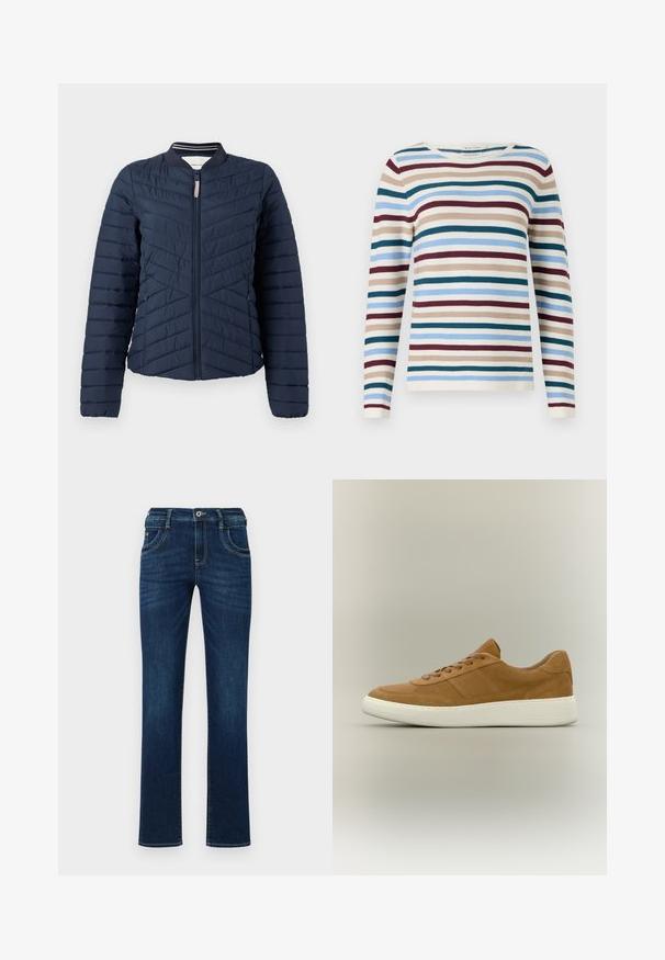 Marineblau gepolsterte Bomberjacke mit vertikalem Steppdesign, geripptem Kragen und durchgehendem Reißverschluss. Glatte Stoffstruktur mit elastischen Bündchen.; TOM TAILOR NEW OTTOMAN - Strickpullover - teal-colored; Dunkelblaue Denim-Jeans mit geradem Bein, fünf Taschen, und einem standardmäßigen Knopfverschluss. Verfügt über dezente Stickdetails.; Brauner Ledersneaker mit braunen Schnürsenkeln und einer dicken weißen Gummisohle auf neutralem Hintergrund.