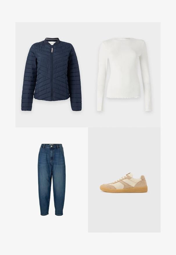 Chaqueta bomber con acolchado de la marina, diseño de acanalado vertical, cuello de canalé y cierre frontal con cremallera. Textura de tela suave con puños elásticos.; TOM TAILOR DENIM WITH FRILL EDGE - Camiseta de manga larga - off white; Vaqueros de mezclilla azul de cintura alta con un corte relajado, que presentan bolsillos frontales, cierre de cremallera y un leve desgaste en la tela.; Zapatilla de perfil bajo en tonos beige y crema con paneles de malla y ante, cordones blancos y suela de goma color caramelo, vista de lado sobre un fondo liso.
