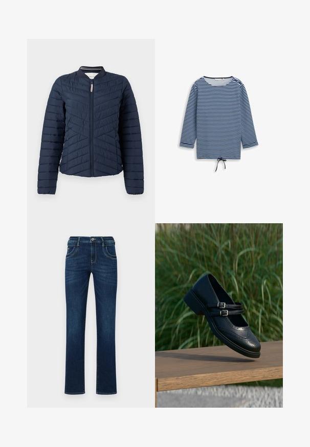 Marineblauwe gewatteerde bomberjack met verticale gestikte afwerking, geribde kraag en ritssluiting aan de voorkant. Soepele stoftextuur met elastische manchetten.; Blauw-zwart gestreept shirt met lange mouwen, ronde hals, twee knopen op de schouders en een trekkoord in het midden van de zoom.; Donkerblauwe denim jeans met een rechte pijp, vijf zakken en een standaard knoopsluiting. Bevat subtiele stikdetails.; Zwarte leren Mary Jane-schoen met dubbele gespsluitingen en brogue-details, zwevend boven een houten bankje met groene grasachtergrond.
