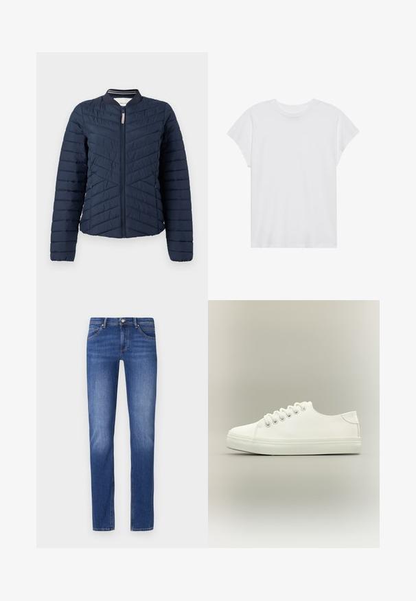 Veste bomber matelassée bleu marine avec un design à coutures verticales, col côtelé et fermeture éclair à l'avant. Texture de tissu lisse avec des poignets élastiques.; T-shirt blanc à manches courtes, col rond, coupe décontractée, en tissu de coton doux. Texture lisse, sans motifs ni logos.; Jean en denim bleu avec une coupe droite, poches avant et fermeture à bouton et fermeture éclair classique. Légèrement texturé avec des accents de couture.; Baskets basses blanches avec lacets blancs et semelle en caoutchouc, vues de côté sur un fond neutre.