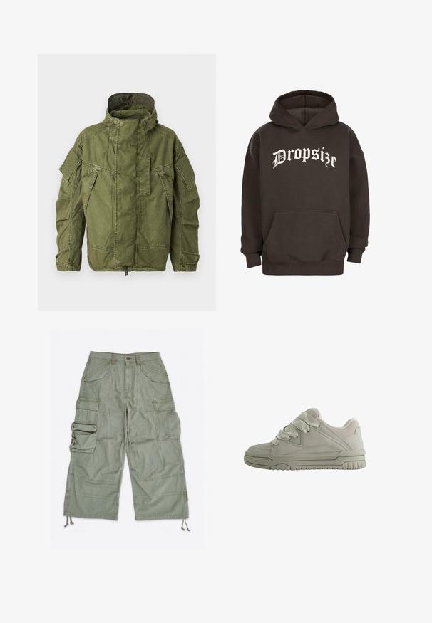 G-STAR Parka - overdye shadow olive gd; Donkerbruine hoodie met een voorste kangaroozak en witte tekst in Old English-stijl met "Dropsize" op de borst.; Lichtgroene cargoshorts met meerdere klepzakken, riemlussen, knoopsluiting en verstelbare trekkoorden bij de broekspijpen.; Laag model grijze sneaker met dikke, gestructureerde veters, gevoerde kraag, gestikte panelen en een geribbeld rubberen zool voor grip.