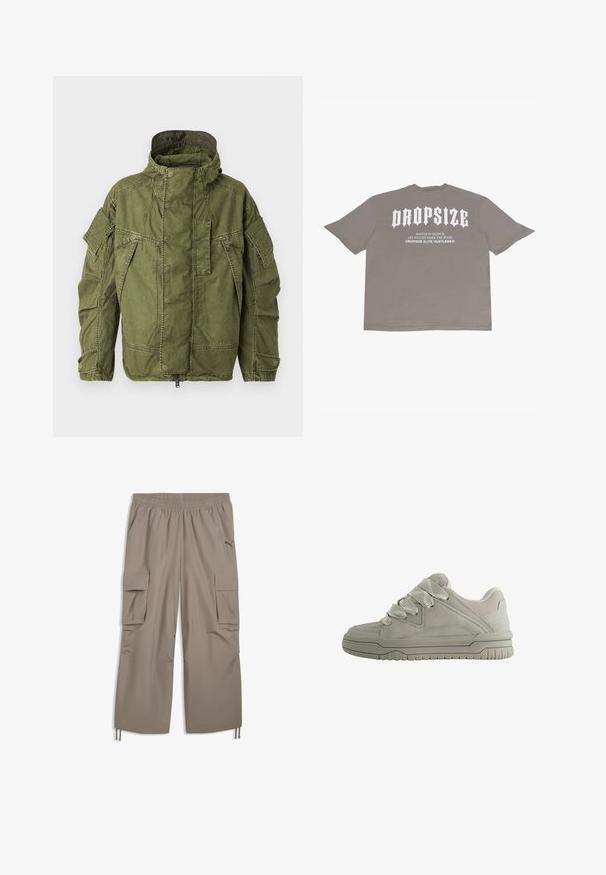G-STAR Parka - overdye shadow olive gd; T-shirt gris oversize en coton. Présente un grand lettrage blanc au dos : "DROPSIZE" avec un slogan en dessous. Encolure ras du cou simpliste.; Pantalon cargo marron clair avec taille élastique, poches latérales à rabat, cordons aux poignets et petit logo Puma sur la cuisse droite.; Baskets basses grises avec de larges lacets texturés, col rembourré, panneaux cousus et semelle en caoutchouc rainurée pour une meilleure adhérence.