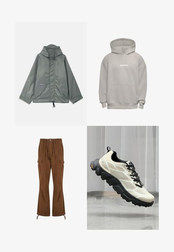 Lichtgroene jas met een capuchon, met een soepele textuur, twee voorzakken, een trekkoord aan de onderkant en klittenbandmanchetten. Gemaakt van lichtgewicht materiaal.; Lichtgrijze oversized hoodie met voorzak en "DROPSIZE" in het wit gedrukt op de borst.; Bruine cargobroek met een elastische tailleband, trekkoorddetails, twee zijzakken en bredere pijpen met verstelbare zoom.; Lichtbeige en zwarte trailrunning-schoen met een robuuste zool, ademende mesh bovenkant en trekband op de hiel, weergegeven boven een marmeren vloer.