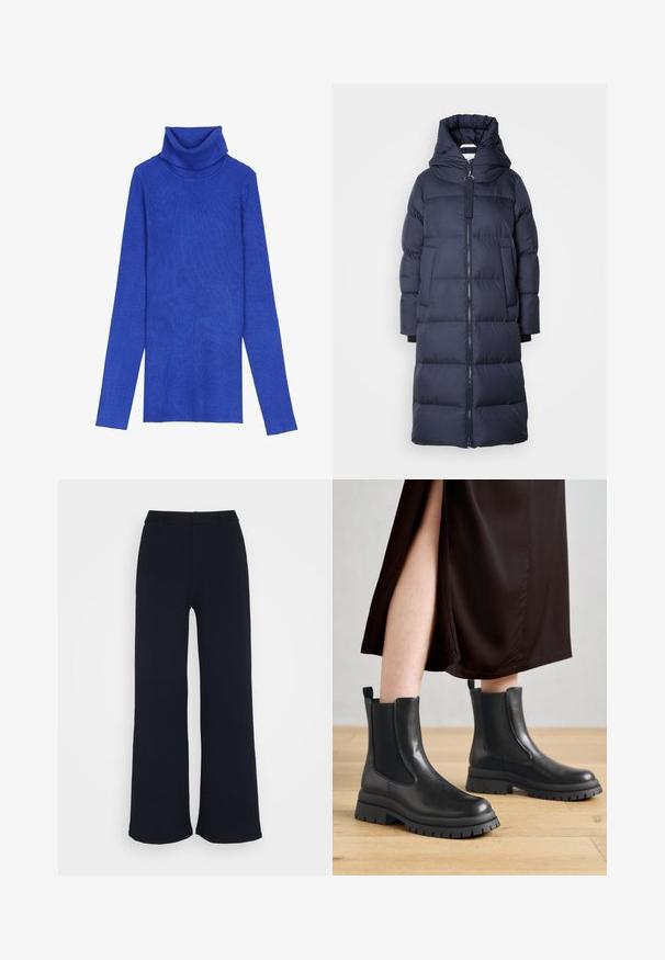Marineblauwe pufferjas, middellang met een capuchon, voorzien van een rits aan de voorkant, grote zakken en een gewatteerde textuur. Zacht, geïsoleerd materiaal.; Koningsblauwe geribbelde turtleneck trui gemaakt van textiel met lange mouwen en een omgeslagen kraag, met een slanke pasvorm.; Marineblauwe wijde broek gemaakt van zachte stof, met een platte tailleband en zonder zichtbare zakken, met een gladde, ongezande afwerking.; Zwarte leren enkellaarsjes met elastische zijpanelen, grove rubberen zolen en hiel-lusstabs; gecombineerd met een donkerbruine midijurk.