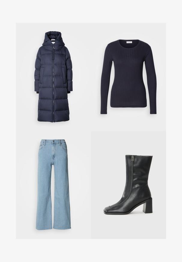 Marineblauer Puffer-Mantel, mittellang mit Kapuze, ausgestattet mit einem Frontreißverschluss, großen Taschen und gestepptem Design. Weiches, isoliertes Material.; Marineblauer Langarm-Rippoberteil mit Rundhalsausschnitt. Aus weichem Stoff gefertigt, zeichnet es sich durch ein tailliertes Design und eine subtile Textur aus.; Hellblaue weite Jeans aus Denim, mit einer enganliegenden Taille, Fünf-Taschen-Design und dezenten Nähdetails.; Schwarze Leder-Stiefelette mit quadratischer Zehenpartie, seitlichem Reißverschluss und chunky, quadratischem Absatz. Mit Kontrastnähten entlang der vorderen Naht.