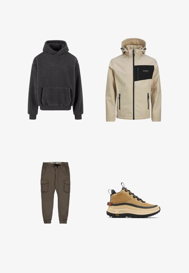 Beige takki mustalla rintataskulla, jossa on vetoketjusulku, säädettävä huppu ja siniset yksityiskohdat vetoketjuissa ja naruissa.; Tummaharmaa fleece-huppari, jossa on tekstuuri pinta, kengurupussitasku sekä ribatut hihansuut ja helma. Rinnassa on pieni logo.; Vihreät puuvillajoggerit, joissa on elastinen vyötärö, nauhakuja, ribatut hihansuut ja useita sivutaskuja. Sujuva ja kestävä rakenne.; Vaaleanruskeat korkeavartiset lenkkitossut, joissa on teksturoitu pinta, erottuva musta ulkopohja ja oranssit yksityiskohdat. Varustettu nauhoituksella ja pehmustetulla kauluksella tuen lisäämiseksi.