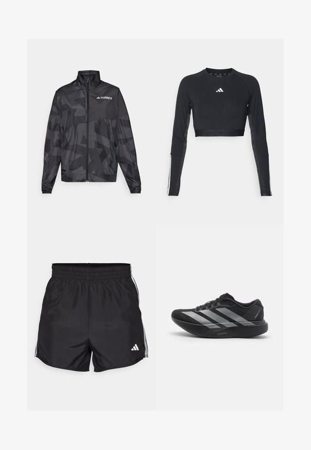 Schwarze leichte Jacke mit hohem Kragen, Reißverschluss und geometrischem Muster. Besitzt das "TERREX"-Logo in Weiß auf der oberen linken Seite.; Schwarzes, verkürztes Langarm-Workout-Oberteil aus glattem Material. Mit einem weißen Logo auf der Brust und gestreiften Akzenten an den Ärmeln.; Schwarze Sportshorts mit elastischem Bund, seitlichen Schlitzen und weißen drei Streifen Akzenten. Enthält ein kleines weißes Logo auf der unteren rechten Seite.; Schwarzer Laufschuh mit silbernen Streifen, dicke gepolsterte Sohle beschriftet "Lightstrike Pro", Seitenansicht auf weißem Hintergrund.