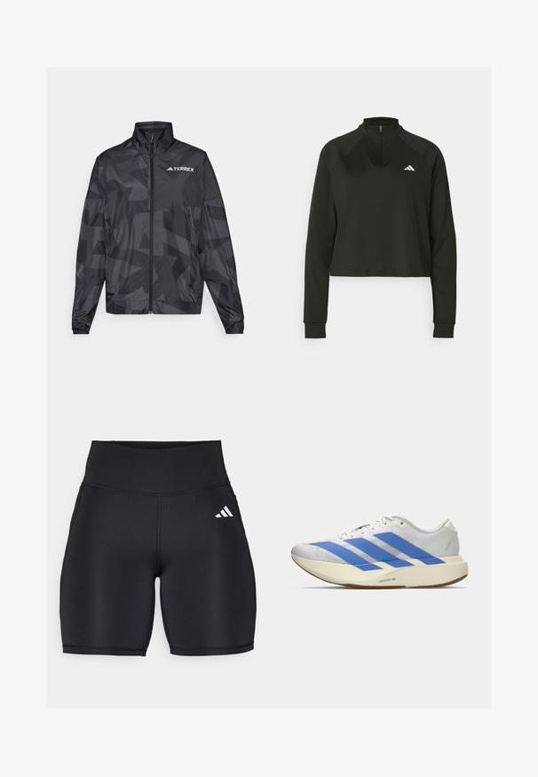 Zwarte lichtgewicht jas met een hoge kraag, ritssluiting en geometrisch patroon. Kenmerkt zich door het "TERREX"-logo in het wit op de bovenste linkerkant.; Zwarte quarter-zip pullover van gladde stof met lange mouwen, voorzien van een hoge kraag en een wit logo op de linkerborst.; Zwarte sportshorts van rekbaar materiaal, met een hoge tailleband, een gladde textuur en een wit logo met drie strepen aan de zijkant.; Witte hardloopschoen met drie blauwe strepen, lichtbeige dikke zool met label "Lightstrike Pro," en witte veters op een effen achtergrond.