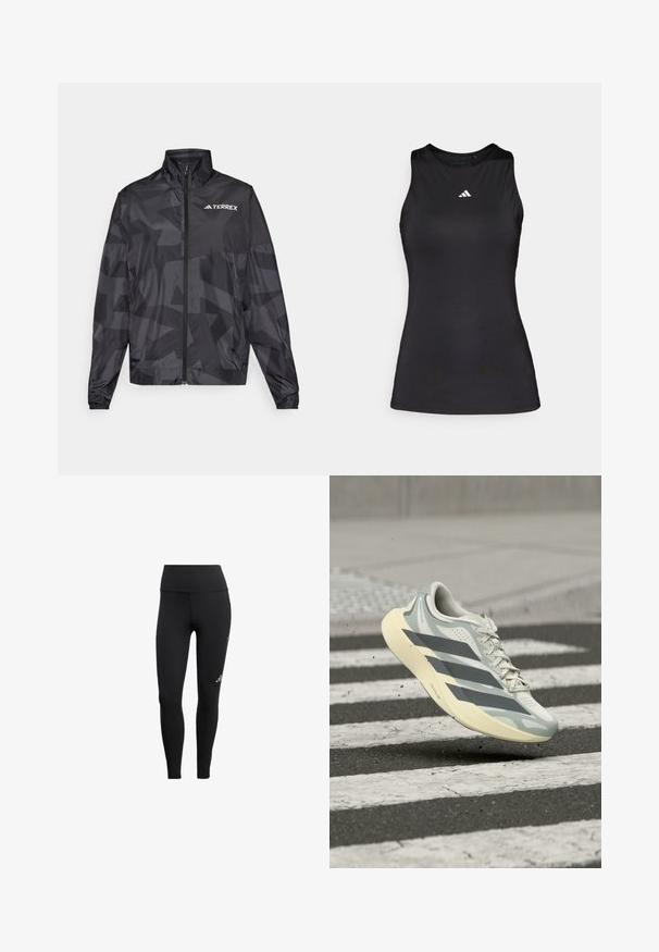 Veste légère noire avec un col haut, fermeture éclair et motif géométrique. Présente le logo "TERREX" en blanc sur le côté supérieur gauche.; Débardeur de sport noir sans manches en tissu lisse. Il présente un col rond et un petit logo Adidas blanc sur la poitrine.; Leggings noirs en tissu extensible, dotés d'une taille haute, d'un design épuré et d'un petit logo sur la jambe.; Baskets gris clair et blanches avec des rayures gris foncé, lacets noués, flottant au-dessus d'un passage piéton à rayures noires et blanches.