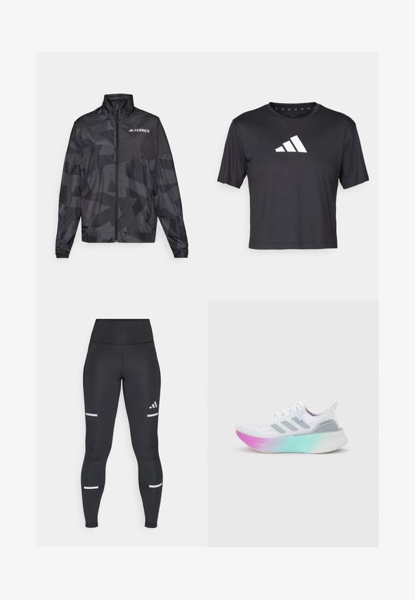 Sort letvægtsjakke med høj krave, lynlås åbning og geometrisk mønster. Har "TERREX" logoet i hvidt på øverste venstre side.; Sort cropped t-shirt lavet af glat stof, prydet med et hvidt Adidas-logo på brystet, rund halsudskæring og korte ærmer.; Sorte leggings med høj talje, lavet af glat materiale. Har hvide reflekterende striber nær knæene og et Adidas-logo.; Hvid Adidas løbesko med grå striber og en tyk sål, der går fra pink til grøn, med teksten "Lightboost" og "Ultraboost".
