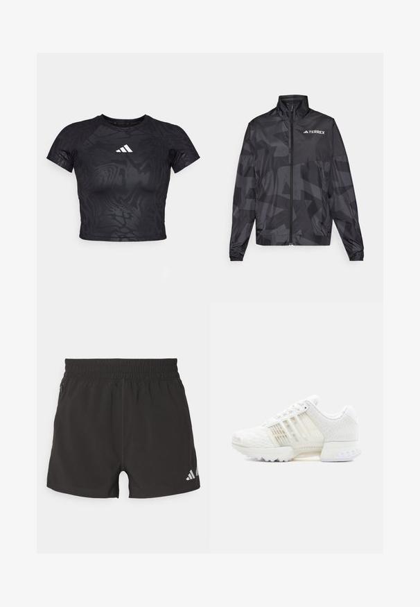 Sort letvægtsjakke med høj krave, lynlås åbning og geometrisk mønster. Har "TERREX" logoet i hvidt på øverste venstre side.; Sort cropped atletisk t-shirt med et struktureret mønster, korte ærmer og et hvidt logo på brystet. Materialet ser glat og fleksibelt ud.; Sorte atletiske shorts lavet af letvægtsstof. Har en elastisk talje, sidelommer med lynlås og et reflekterende logo på kanten.; Hvid sportssko med tekstureret mesh-overdel, gennemsigtige sidepaneler og en solid gummiydersål. Har snørelukning og polstret krave.