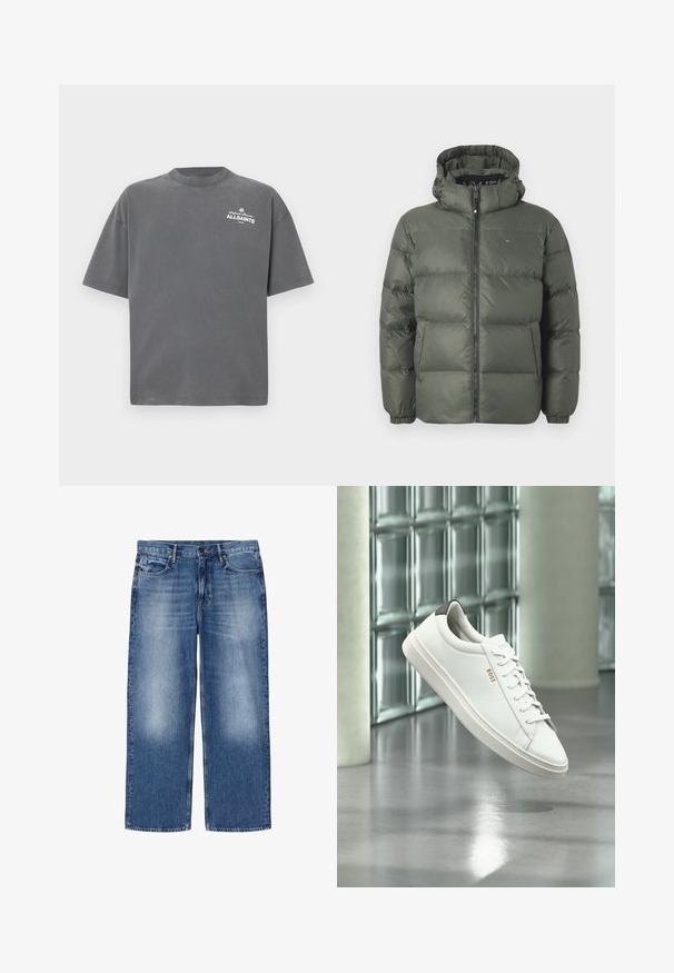 Olivengrøn pufferjakke med høj krave og hætte, der har en frontlynlås og quiltet design. Inkluderer elastiske manchetter og logo-detalje.; Mørkegrå T-shirt med korte ærmer og rund hals med lille hvid "ALLSAINTS"-logo på øverste venstre bryst.; Blåtonede straight-leg denimjeans med fem lommer og knaplukning, vist fladt på hvid baggrund.; Hvid læder lav-top sneaker med snørebånd, sort hælflig og "BOSS"-logo, svævende indendørs nær glasblok væg og poleret gulv.