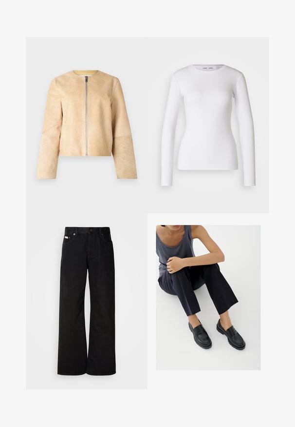 Beige leren jas met een ronde hals en zilveren rits. Gladde textuur, lange mouwen en cropped ontwerp.; Witte longsleeve shirt van ribstof, met een ronde halslijn en een getailleerde vorm. Er zijn geen patronen of accenten aanwezig.; Zwarte wijde spijkerbroek van katoen. Voorzien van zijzakken, een knoopsluiting en een klassieke denimtextuur. Minimalistisch ontwerp zonder patronen.; Zwarte leren loafers met textuurelementen, lage hak, ronde neus en zichtbare stiksels. Model draagt donkere broek en een grijze top.