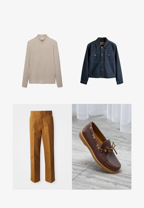 Dunkelblaue Jeansjacke mit kragenförmigem Ausschnitt, Vorderknopfverschluss, zwei Brusttaschen und kontrastierenden Steppnähten.; Beige gerippter Pullover mit hohem Kragen und halbem Reißverschluss. Lange Ärmel und ein figurbetonter Saum ergänzen das strukturierte Aussehen.; Braune, maßgeschneiderte Hose mit glatter Textur, mit geradem Beinschnitt, Falten vorne und einem normalen Taillenbund.; Brauner Leder-Bootsschuh mit goldfarbenen Ösen, einer vorn geschnürten Schnürung und einer hellbraunen Gummisohle. Strukturierte Oberfläche und Logo an der Seite.