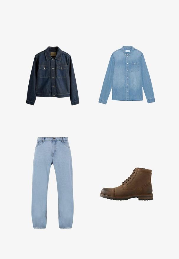 Donkerblauwe spijkerjas met een kraag, knoopsluiting aan de voorkant, twee borstzakken en contrasterende stikdetails.; Lichtblauw denim overhemd met knopen, lange mouwen, spitse kraag, één borstzak en subtiele vervaging op de stof.; Lichtblauwe denim jeans met een recht model, voorzien van vier zakken, een ritssluiting en gouden stiksels.; Bruine leren enkellaars met veters aan de voorkant en een robuuste zool, ontworpen voor casual of buitengebruik.