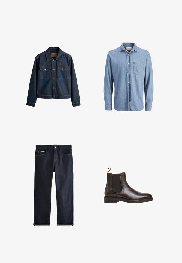 Chaqueta de mezclilla azul oscuro con cuello con solapa, cierre frontal con botones, dos bolsillos en el pecho y detalles de costuras contrastantes.; Camisa de mezclilla de color azul claro con cuello button-down, mangas largas, un bolsillo en el pecho y logo bordado en el bolsillo.; Vaqueros de mezclilla azul oscuro con un ajuste recto clásico, que cuentan con cinco bolsillos, cierre de botones y puños doblados que muestran un forro azul claro.; Botín Chelsea de cuero marrón con paneles laterales elásticos, tirador en bucle y un tacón bajo apilado. Textura suave y silueta elegante.
