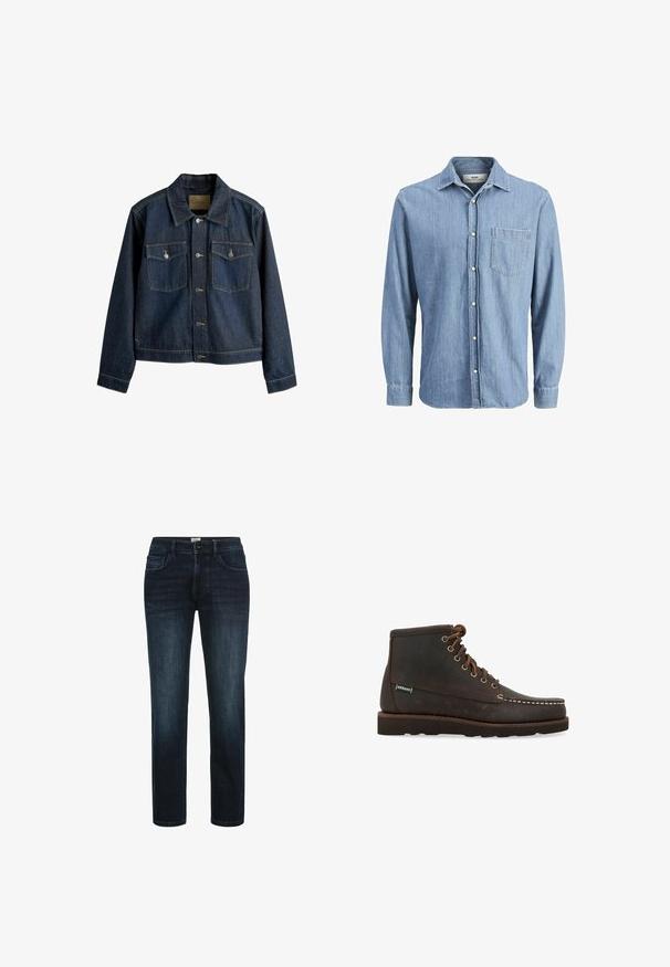 Donkerblauwe spijkerjas met een kraag, knoopsluiting aan de voorkant, twee borstzakken en contrasterende stikdetails.; Lichtblauwe denim overhemd met een button-down kraag, lange mouwen, een borstzak en een geborduurd logo op de zak.; Donker gewassen denim jeans met een rechte pijp, voorzien van vijf zakken, een knopenritsing en subtiele vervaging langs de dijen.; Sebago Veterboots - marrone