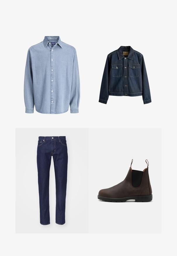 Donkerblauwe spijkerjas met een kraag, knoopsluiting aan de voorkant, twee borstzakken en contrasterende stikdetails.; Lichtblauwe denim lange mouw knoophemd met kraag en witte knopen, weergegeven tegen een effen witte achtergrond.; Marineblauwe denim spijkerbroek met een rechte pasvorm, vijf-pocket ontwerp, contrasterende oranje stiksels en een zilveren knoopsluiting aan de taille.; Bruine leren enkelboot met elastische zijpanelen en lusjes, voorzien van een gestructureerde oppervlakte en een duurzame zwarte rubberen zool.