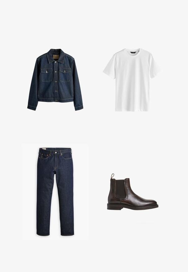 Dunkelblaue Jeansjacke mit kragenförmigem Ausschnitt, Vorderknopfverschluss, zwei Brusttaschen und kontrastierenden Steppnähten.; Einfaches weißes T-Shirt mit kurzen Ärmeln und Rundhalsausschnitt aus glattem Stoff und einem schwarzen Etikett am Kragen.; Dunkelblaue Denim-Jeans mit geradem Schnitt, ausgestattet mit einem Fünf-Taschen-Stil, sichtbaren Nähten und einem klassischen Knopfverschluss.; Braune Leder-Chelsea-Boots mit elastischen Seiteneinsätzen, Schlupfgriff und niedrigem, gestapeltem Absatz. Glatte Textur und schlanke Silhouette.