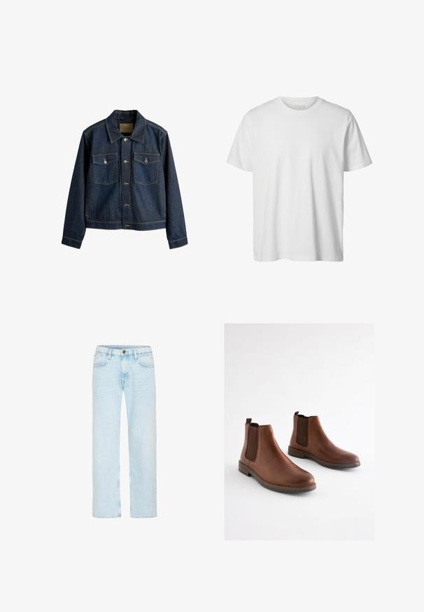 Dunkelblaue Jeansjacke mit kragenförmigem Ausschnitt, Vorderknopfverschluss, zwei Brusttaschen und kontrastierenden Steppnähten.; Schlichtes weißes T-Shirt mit kurzen Ärmeln und Rundhalsausschnitt, lässiger Passform und ohne sichtbare Logos oder Designs auf der Vorderseite.; Hellblaue Jeans mit geradem Bein, vorderem Knopf und Reißverschluss, Gürtelschlaufen und Vordertaschen auf weißem Hintergrund.; Braune Leder-Stiefeletten mit elastischen seitlichen Einsätzen, einer abgerundeten Spitze und einem gestapelten Absatz. Glatte Textur mit kontrastierenden braunen Akzenten.