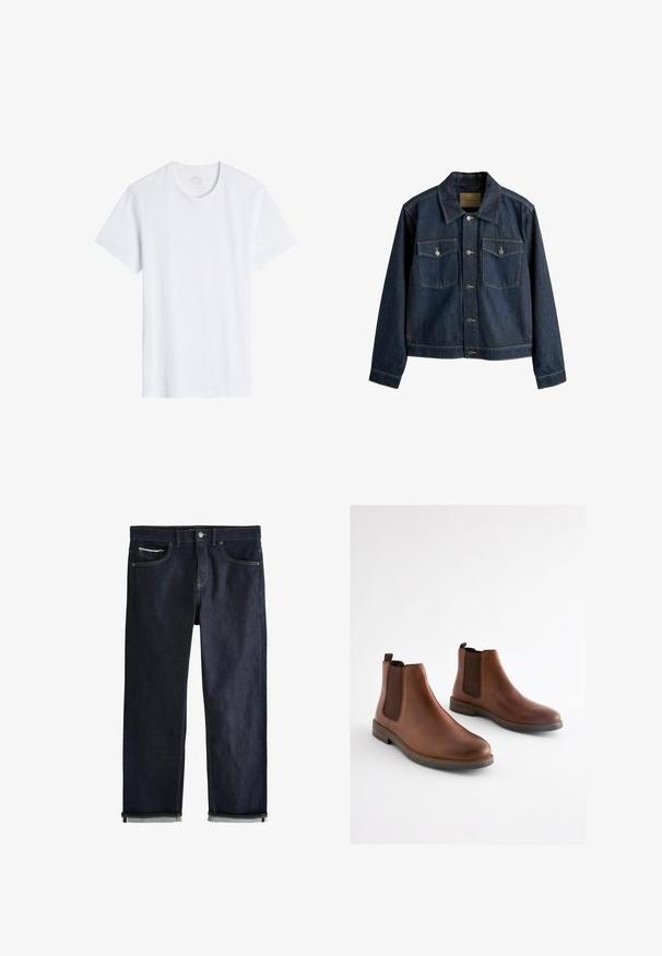 Mørkeblå denimjakke med krave, lukkes med knapper foran, to brystlommer og kontrastfarvede syninger.; Hvid, kortærmet t-shirt med rund halsudskæring. Lavet af glat bomuldsstof, den har en afslappet pasform og minimale sømme.; Mørkeblå denimjeans med en klassisk lige pasform, der har fem lommer, knaplukning og op rullede manchetter, som viser en lys blå foring.; Brune læderankelstøvler med elastiske sidestykker, rundet tå og en lagdelt hæl. Glat tekstur med kontrasterende brune accenter.