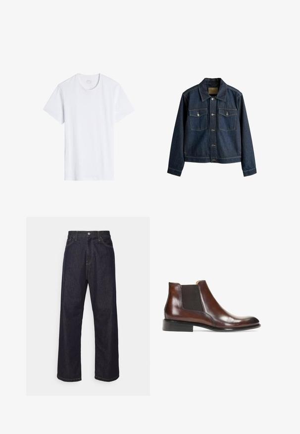 Mørkeblå denimjakke med krave, lukkes med knapper foran, to brystlommer og kontrastfarvede syninger.; Hvid, kortærmet t-shirt med rund halsudskæring. Lavet af glat bomuldsstof, den har en afslappet pasform og minimale sømme.; Mørkeblå lige ben denim jeans med gul syning, frontknap, lynlås og fem-lommer design.; Brun læder ankelstøvle med elastiske sidepaneler, en glat overflade, stikninger og en lav rektangulær hæl.