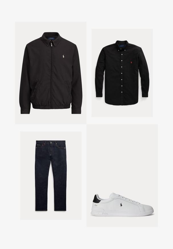 Must zipiga jakiga krae, küljetaskud, elastne äärepael ja väike valge Polo Ralph Laureni logo vasakul rinnal.; Mustast pika varrukaga nööbitav särk nööbitava kraega ja vasakul rinnal punase tikitud logoga.; Tumedast teksadest sirge lõikega püksid, viie tasku, oranži õmblusega ja nööpidega sulguriga. Kangas on sileda tekstuuriga.; Valge madala säärega toss musta kandumärgiga, paelte ja Polo Ralph Laureni logoga küljel, reljeefsete talladetailidega.