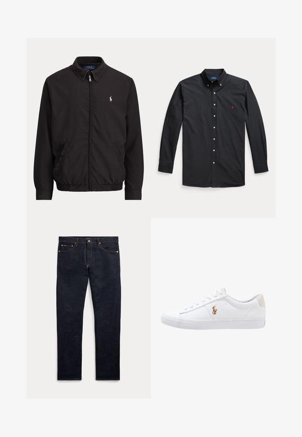Schwarze Zip-Up-Jacke mit Kragen, Seitentaschen, elastischem Saum und kleinem weißem Polo Ralph Lauren Logo auf der linken Brust.; Schwarzes Langarm-Hemd mit Knopfleiste, geknöpftem Kragen und kleinem roten gesticktem Polo Ralph Lauren Logo auf der linken Brust.; Dunkelblaue Denim-Jeans mit fünf Taschen, Knopf- und Reißverschluss sowie sichtbaren goldenen Nähten, flach auf hellem Hintergrund dargestellt.; Weiße Leinensneaker im Low-Top-Design mit einem beigen Ferseneinsatz und einem kleinen gestickten Logo an der Seite. Gummisohle.