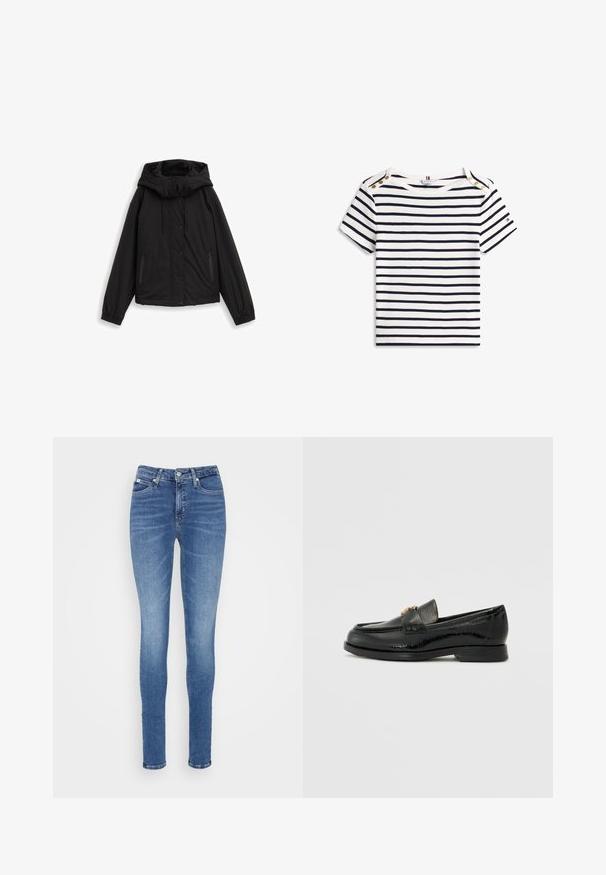 Veste noire à capuche avec boutons-pression à l'avant, poches latérales zippées, poignets élastiques et cordons réglables sur la capuche sur fond blanc.; Chemise blanche à manches courtes avec des rayures horizontales noires, trois boutons dorés sur chaque épaule et un petit logo sur la manche gauche.; Jean skinny en denim bleu moyen, présentant une taille haute, une texture lisse, deux poches avant et une seule poche arrière.; Mocassin en cuir noir avec une finition brillante, doté d'un accent en chaîne dorée et d'un petit talon arrondi. Design classique avec une texture lisse.