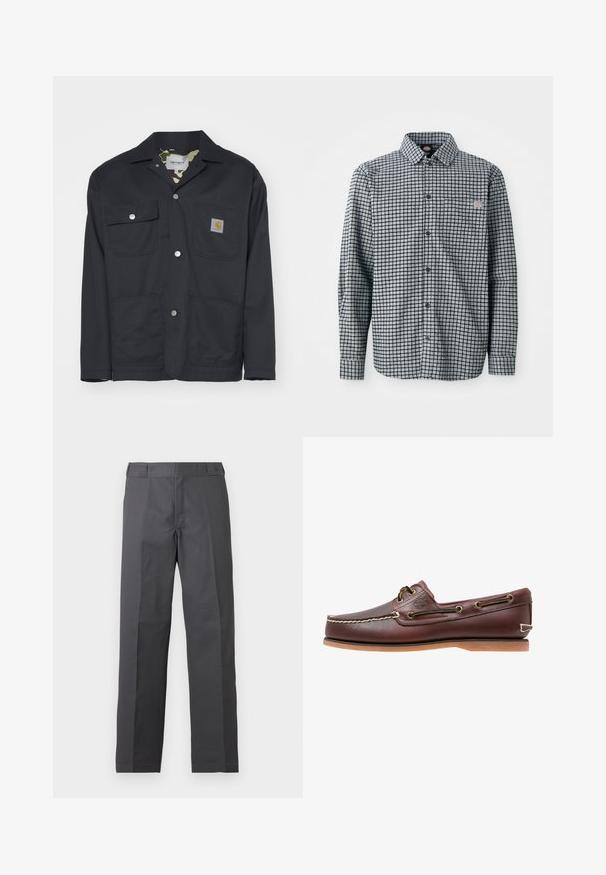 Veste de travail noire en tissu résistant. Elle possède deux poches poitrine, deux poches avant et une doublure camouflage. Boutons-pression argentés visibles.; Chemise à manches longues à carreaux noir et blanc, avec col et petite patch logo sur la poche poitrine gauche.; Pantalon gris foncé à jambes droites avec un devant plat et sans poches visibles, présenté sur un fond blanc uni.; Chaussure bateau en cuir marron avec coutures blanches, détails de lacets et semelle en caoutchouc beige, vue de côté sur fond blanc.