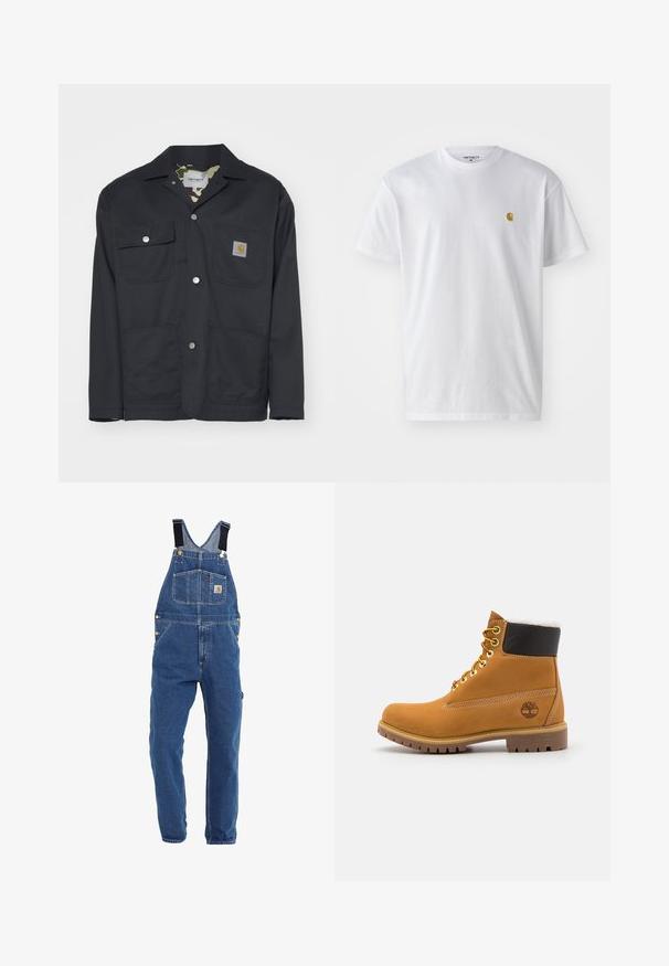 Schwarze Arbeitsjacke aus strapazierfähigem Material. Verfügt über zwei Brusttaschen, zwei Fronttaschen und ein Camouflage-Futter. Sichtbare silberne Druckknöpfe.; Weißes Baumwoll-T-Shirt mit kurzen Ärmeln, Rundhalsausschnitt, mit einem kleinen goldenen Logo im linken Brustbereich. Weicher Stoff und normale Passform.; Jeanslatzhosen in einem mittleren Blauton, mit verstellbaren schwarzen Trägern, mehreren Taschen und Metallbeschlägen.; Braune Leder-Ankle-Boots mit Metallösen, weißem Kunstfellfutter, schwarzem gepolstertem Kragen, robustem Sohlenprofil und geprägtem Logo an der Seite.