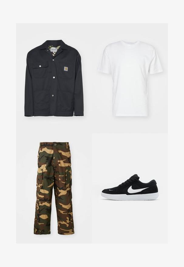 Veste de travail noire en tissu résistant. Elle possède deux poches poitrine, deux poches avant et une doublure camouflage. Boutons-pression argentés visibles.; T-shirt en coton blanc à manches courtes, encolure ronde et texture lisse. Design simple sans motifs ni graphiques.; Pantalons cargo camouflage en vert, marron et beige. Dotés de deux grandes poches latérales et d'une fermeture à bouton. Fabriqués en tissu texturé.; Baskets en suède noires avec accents blancs, dotées d'une pointe arrondie, d'une semelle blanche épaisse et de lacets noirs. Logo Nike blanc bien visible sur le côté.