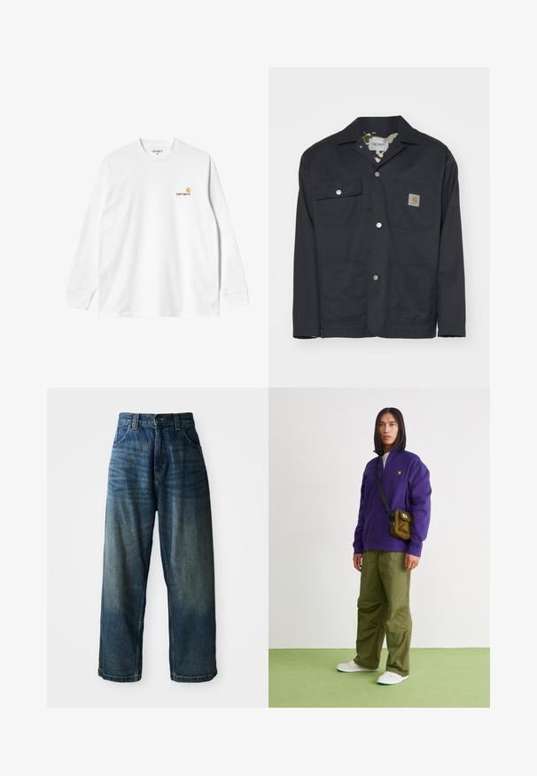 Chaqueta de trabajo negra hecha de un tejido duradero. Cuenta con dos bolsillos en el pecho, dos bolsillos frontales y un forro de camuflaje. Botones a presión plateados visibles.; Camiseta blanca de algodón de manga larga con cuello redondo, que presenta un pequeño logo amarillo y burdeos en el lado izquierdo del pecho. Puños y dobladillo sin costuras.; Jeans de mezclilla azul de pierna ancha con un acabado desgastado. Presenta cinco bolsillos, un cierre de botón y costuras en contraste. Tejido pesado.; Jordan AIR JORDAN 1 ZM CMFT 2 - Zapatillas altas - summit white/bicoastal/oxidized green