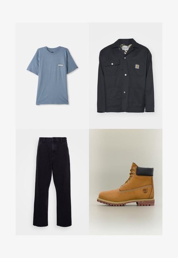 Schwarze Arbeitsjacke aus strapazierfähigem Material. Verfügt über zwei Brusttaschen, zwei Fronttaschen und ein Camouflage-Futter. Sichtbare silberne Druckknöpfe.; Blaues Baumwoll-T-Shirt mit kurzen Ärmeln, Rundhalsausschnitt und einem kleinen Logodruck auf der linken Brustseite. Weicher Stoff, lockere Passform.; Schwarze Jeanshose mit geradem Bein, ausgestattet mit einem Knopf- und Reißverschluss, Gürtelschlaufen und minimalen Nähdetails.; Brauner Leder-Stiefelette mit schwarzem Kragen, gelben Schnürsenkeln und hellbrauner Sohle. Verfügt über ein Logo und weiße Ziernähe. Robuste Profilsohle.