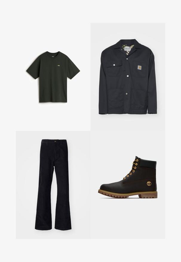 Sort arbejdsjakke lavet af slidstærkt stof. Har to brystlommer, to frontlommer og en camouflageforing. Sølvfarvede trykknapper er synlige.; Vans T-shirts basic - dark green; Sorte, bomuldsforlængede bukser med en traditionel linning, enkelt forreste knap og lommer på siderne og bagpå. Glat tekstur.; Sorte læder ankelstøvle med gyldne øjer, brune detaljer og gummisål. Har en polstret krave og præget logo på siden.