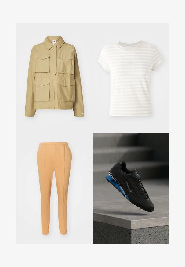 Beige, kerge jakk klassikalise kraega, mitme rinnataskuga ja pikkade varrukatega. Vasakul varrukal on Nike'i logo.; Valge triibuline lühikese varrukaga t-särk, mis on valmistatud pehmest puuvillast. Omab ümarat kaelust ja väikest broderitud Nike logo rinnal.; Kergelt kotkast valmistatud oranžid jooksupüksid, millel on elastne vöökoht, kitsenevad jalad ja peene valge logo vasakul reitel.; Mustad sportlik toss, millel on tekstuuriga pealiskate, sile sinine keskmine tald ja hõbedased aktsendid. Omab pitsidega kinnitust ja kummist tallapinda.
