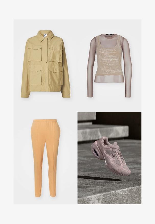 Béžová, ľahká bunda s klasickým golierom, viacerými náprsníkmi a dlhými rukávmi. Na ľavom rukáve sa nachádza logo Nike.; Bežové tielko skombinované s dlhými sieťovanými rukávmi; má biele písané logo na prednej strane, okrúhly výstrih a priliehavý strih.; Oranžové teplákové nohavice vyrobené z mäkkej bavlny, s elastickým pásom, zúženými nohavicami a decentným bielym logom na ľavom stehne.; Teniska Nike v svetloružovej farbe s vrškom zo sieťoviny, zaoblenou podrážkou a viditeľným odpružením. Hladká textúra s reliéfnymi detailmi.