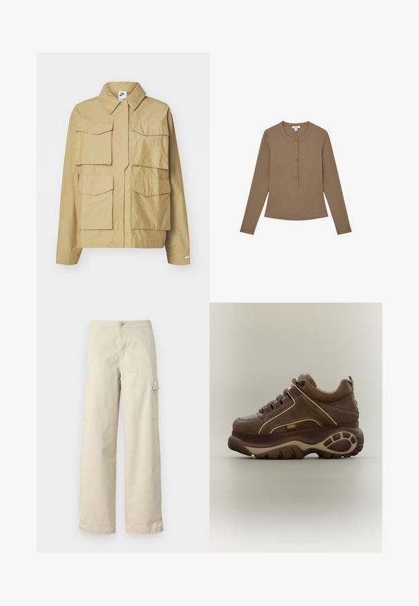 Beige, kevyt takki, jossa on klassinen kaulus, useita rintataskuja ja pitkät hihat. Vasemmassa hihassa Nike-logo.; Ruskea pitkähihainen paita pyöreällä pääntiellä, napillinen suljenta, resorikuviointi ja vartalonmyötäinen malli. Sileä kangas ja lyhyt helma.; Beige cargo-housut, jotka on valmistettu pehmeästä puuvillasta, suoran leikkauksen omaavia, edessä nappikiinnitys ja sivutasku läpällä.; Ruskea nahkainen korollinen lenkkari, jossa on paksu kumipohja, beiget yksityiskohdat, nauhoitettu etuosasta ja pieni "Buffalo"-logo sivussa.