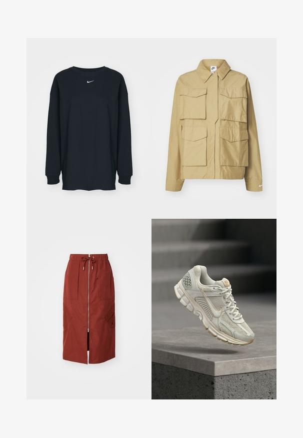 Béžová, ľahká bunda s klasickým golierom, viacerými náprsníkmi a dlhými rukávmi. Na ľavom rukáve sa nachádza logo Nike.; Čierne tričko s dlhým rukávom z bavlny, s okrúhlym výstrihom. Na hrudi sa nachádza biele logo Nike. Jemná textúra, jednoduchý dizajn.; Sukňa strednej dĺžky v terakotovo červenej farbe, s predným zipsom, elastickým pásom so šnúrkou a bočnými vreckami s geometrickým dizajnom.; Svetlo béžová bežecká topánka s sieťovaným zvrškom, mäkkým podšívkou, gumovou podrážkou a hnedými akcentmi. Má výrazné bočné logo v tvare šípky a textúrované panely.