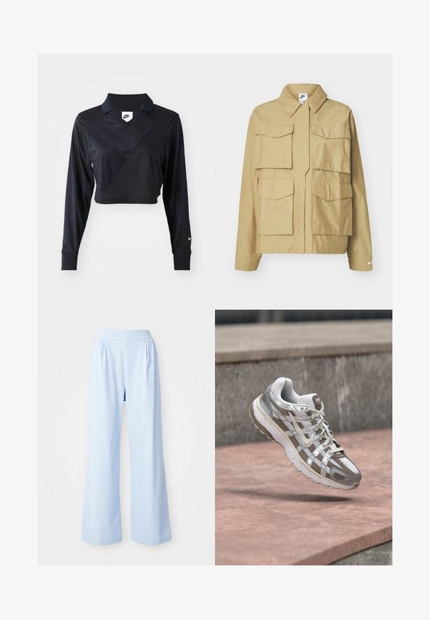Beige, lichtgewicht jack met een klassieke kraag, meerdere borstzakken en lange mouwen. Bevat het Nike-logo op de linkermouw.; Zwarte langwerpige cropped polo met lange mouwen en een V-hals, met een schuin naadontwerp, een soepele textuur en een Nike-logo op de mouw.; Lichtblauwe wijde broek met een gladde textuur, elastische tailleband en geplooide details aan de voorkant. Gemaakt van een zachte stof.; Witte en grijze Nike hardloopschoen zwevend boven een rozeachtige betonnen ondergrond met een grijze stenen muur op de achtergrond.