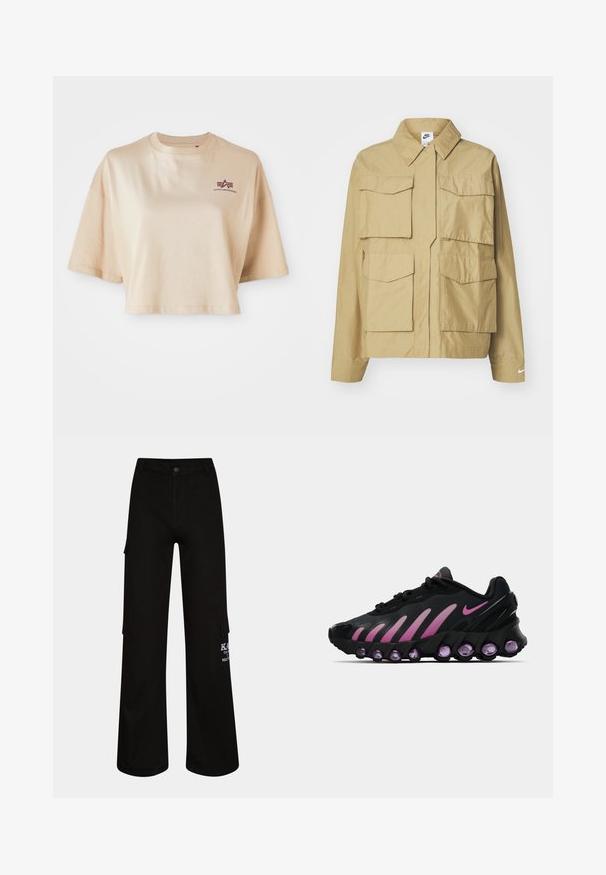 Beige, kerge jakk klassikalise kraega, mitme rinnataskuga ja pikkade varrukatega. Vasakul varrukal on Nike'i logo.; Khaki värvi lühikeste varrukatega puuvillane lühike t-särk, ümara kaelusega ja tumepunase logo graafikaga vasakul rinnal.; Mustad vabaaja püksid, mis on valmistatud vastupidavast kangast. Omab külje taskuid ja valget logo detaili jalal.; Mustad mustad ja roosa Nike spordijalatsid, millel on võrgusilma ülemine osa, kaardus disain ja ümar lilla pehmendus tallas ja külgedel.