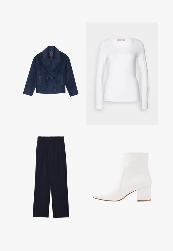Marineblaue, doppelt knöpfbare Peacoat mit breiten Revers, zwei vorderen Taschen, aus strukturiertem Woll-ähnlichem Stoff, mit schwarzen Knöpfen.; Langärmliges, weißes Baumwoll-T-Shirt mit einem U-Ausschnitt und einer figurbetonten Passform, glatter Textur und ohne Verzierung.; Helles Marineblaue weit geschnittene Hose mit glatter Textur, elastischem Bund, einem vorderen Bügel und einem Knopfverschluss an der Taille.; Weiße Knöchelstiefel mit glatter Oberfläche, eckiger Zehenpartie und einem Blockabsatz in mittlerer Höhe. Steppnähte betonen das minimalistische Design.
