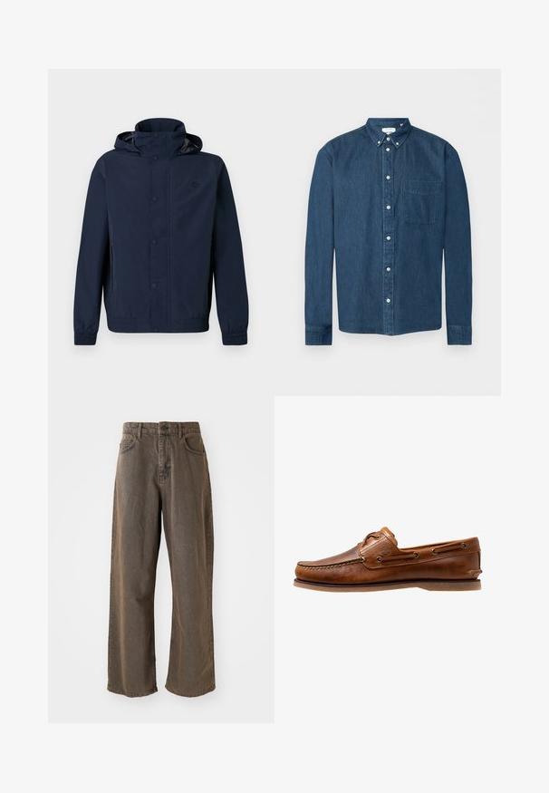 Chaqueta azul marino con capucha, botones de presión, puños elásticos, bolsillos laterales y un pequeño logo bordado en el pecho.; Camisa de mezclilla azul oscuro con botones, mangas largas, un bolsillo delantero a la izquierda y cuello abotonado, mostrada sobre un fondo blanco.; Pantalones de mezclilla marrones de pierna ancha con cierre de botón, trabillas para el cinturón y bolsillos delanteros. La tela tiene una textura ligeramente desgastada.; Zapato de barco de cuero marrón con acentos de costura, con ojales de metal, una costura elevada en la puntera y una suela de goma plana.