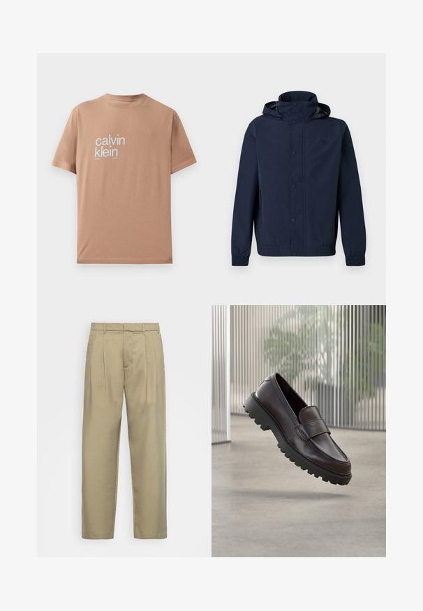 Chaqueta azul marino con capucha, botones de presión, puños elásticos, bolsillos laterales y un pequeño logo bordado en el pecho.; Camiseta de manga corta en tela de algodón marrón claro, con gran texto blanco "calvin klein" en el frente y diseño de cuello redondo.; Pantalones beige de cintura alta con corte recto, con frente plano, bolsillos laterales y una tela suave y texturizada.; Zapato de cuero marrón tipo mocasín con punta redondeada y suela de goma negra resistente. Presenta una correa decorativa sobre el empeine.