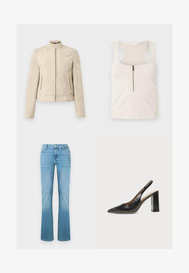 Veste en daim beige avec col montant, fermeture éclair à l'avant, poches latérales zippées, détails matelassés aux épaules et sangles latérales réglables.; Débardeur crème à côtes avec fermeture éclair à l'avant et larges bretelles, fabriqué en tissu extensible.; Jean en denim bleu clair avec un design à jambes évasées, poches avant et fermeture à boutons, présentant un effet délavé pour la texture.; Chaussure slingback en cuir noir à bout pointu avec un talon bloc haut et une doublure intérieure beige sur un fond clair uni.