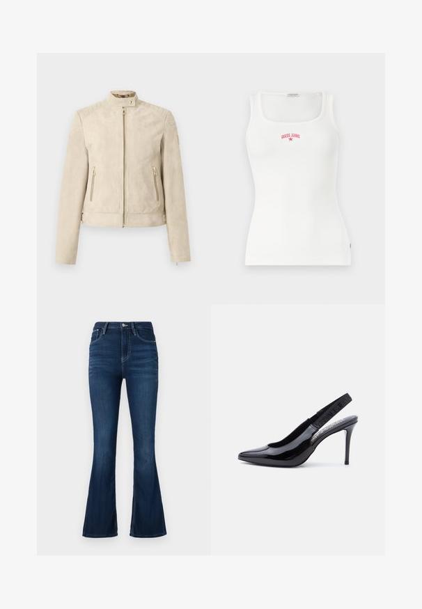 Veste en daim beige avec col montant, fermeture éclair à l'avant, poches latérales zippées, détails matelassés aux épaules et sangles latérales réglables.; Débardeur blanc côtelé sans manches avec un décolleté carré et le texte rouge "GUESS JEANS" ainsi que le logo en étoile sur la poitrine.; Jean flair taille haute en denim foncé. Dispose d'une fermeture à bouton et à glissière à l'avant, de passants de ceinture et d'une texture légèrement déchirée.; Escarpin à talon haut en cuir verni noir avec bout pointu et bride élastique de marque sur fond clair.