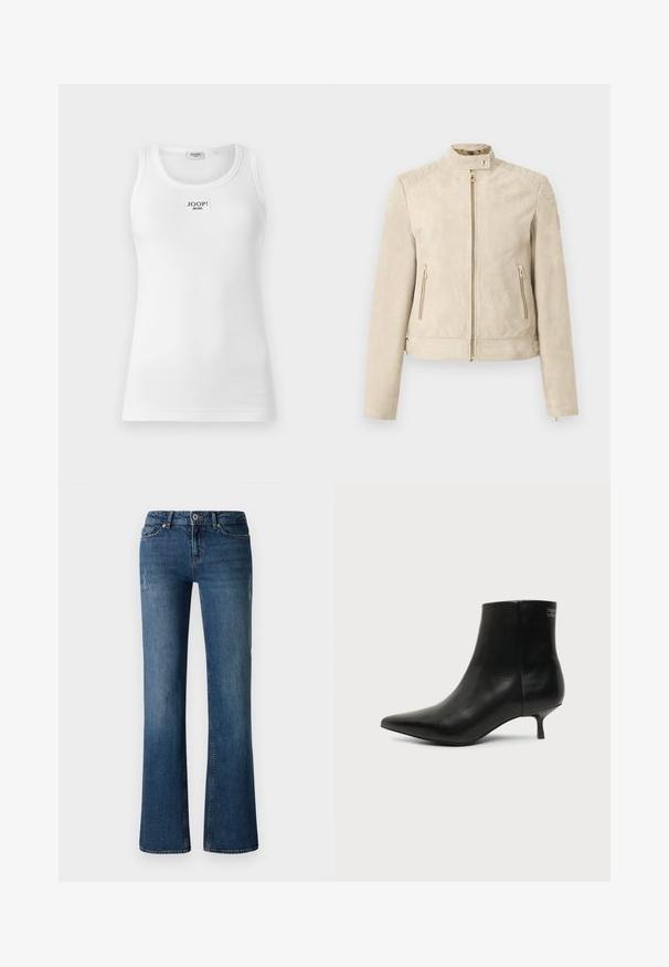 Veste en daim beige avec col montant, fermeture éclair à l'avant, poches latérales zippées, détails matelassés aux épaules et sangles latérales réglables.; Débardeur blanc en tissu côtelé, avec un col rond et une étiquette rectangulaire avec "JOOP! JEANS" sur le devant.; Jeans en denim bleu foncé avec un design à jambe évasée, présentant des décolorations subtiles et des détails usés près des cuisses et des genoux.; Bottine en cuir noir avec bout pointu et petit talon kitten sur fond clair, vue côté extérieur.