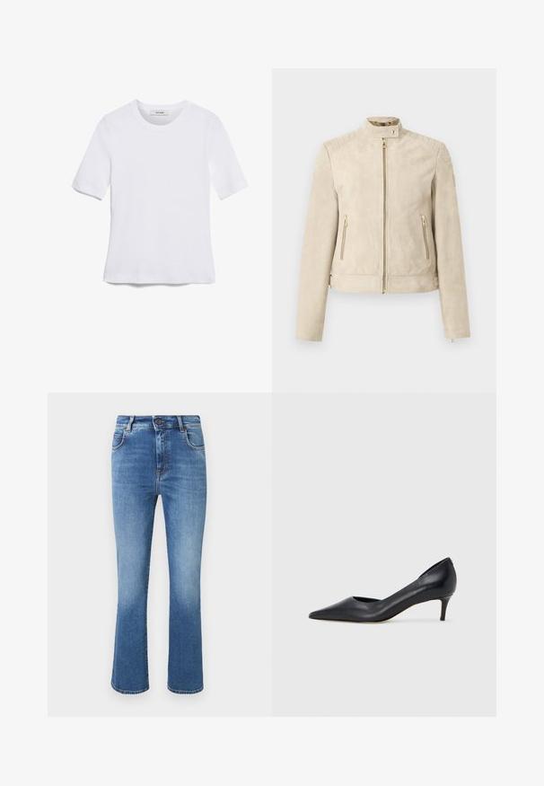 Chaqueta de ante beige con cuello alto, cremallera frontal, bolsillos laterales con cremallera, detalles acolchados en los hombros y correas laterales ajustables.; Camiseta de manga corta blanca hecha de tela de canalé. Cuello redondo, corte regular y detalles de costura sutiles. Sin patrones ni gráficos.; Vaqueros azul denim de cintura alta con pierna ligeramente acampanada, cinco bolsillos, cierre de botones y un sutil desgaste en la parte delantera.; Zapato de tacón bajo de cuero negro con punta puntiaguda. Presenta una textura lisa y un brillo sutil. Corte abierto en la parte frontal para un detalle adicional.